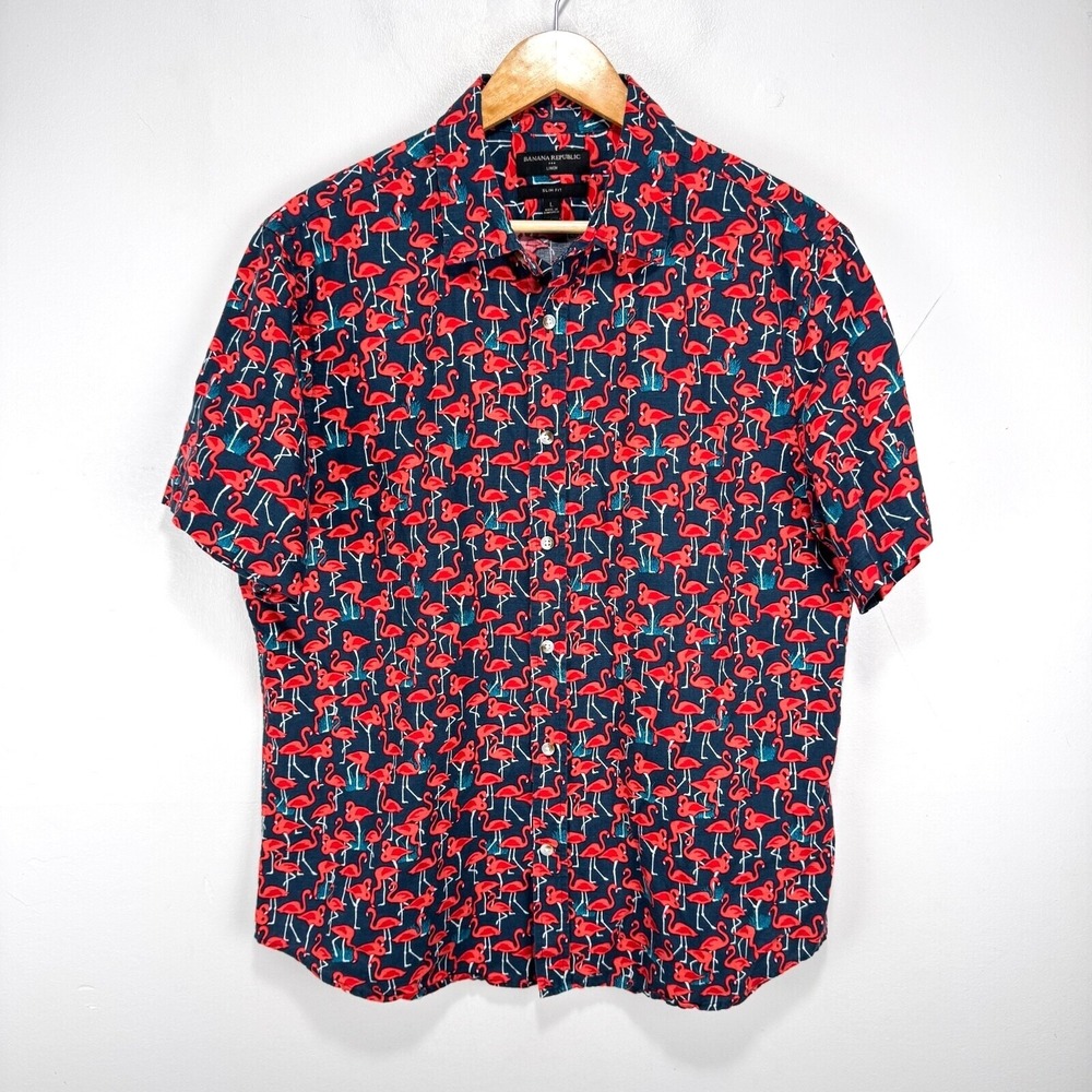 Banana Republic Linen Button Shirt Large Slim Navy Red Flamingo All Over Print - Picture 9 of 9